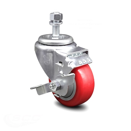 Service Caster 3 Inch Red Polyurethane Wheel Swivel 1/2 Inch Threaded Stem Caster with Brake SCC-TS20S314-PPUB-RED-TLB-121315